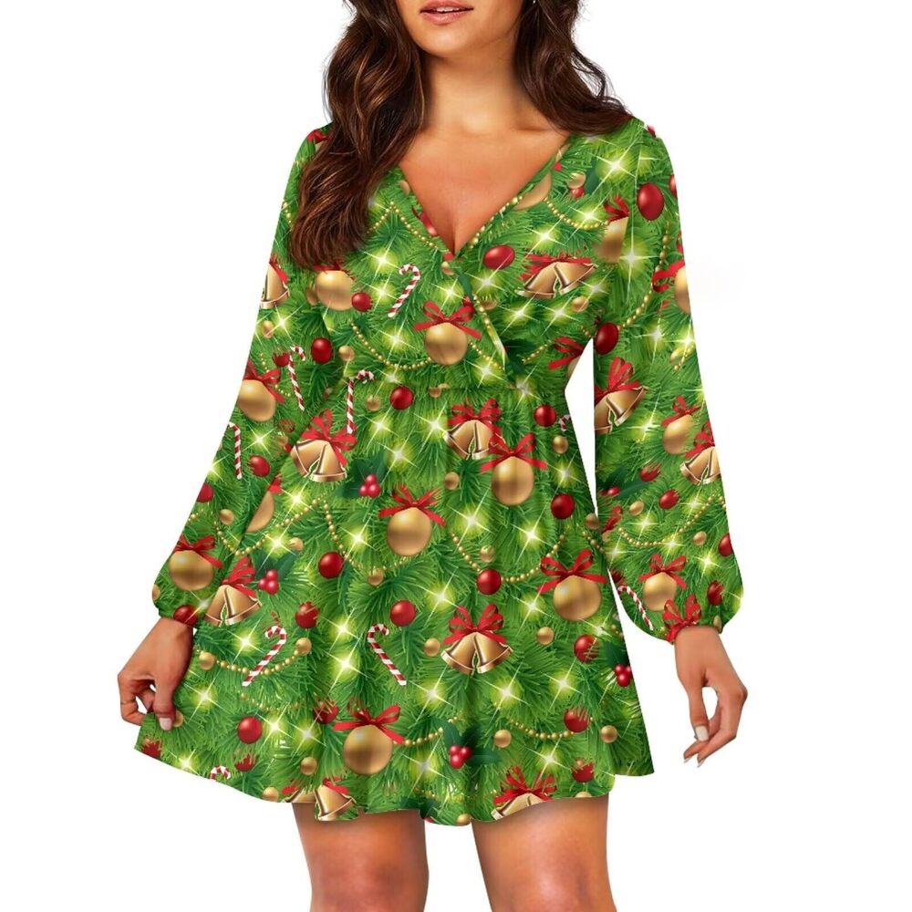 4760 Christmas Jingle Bell Dress Casual Long Sleeve Green Dresses V Neck